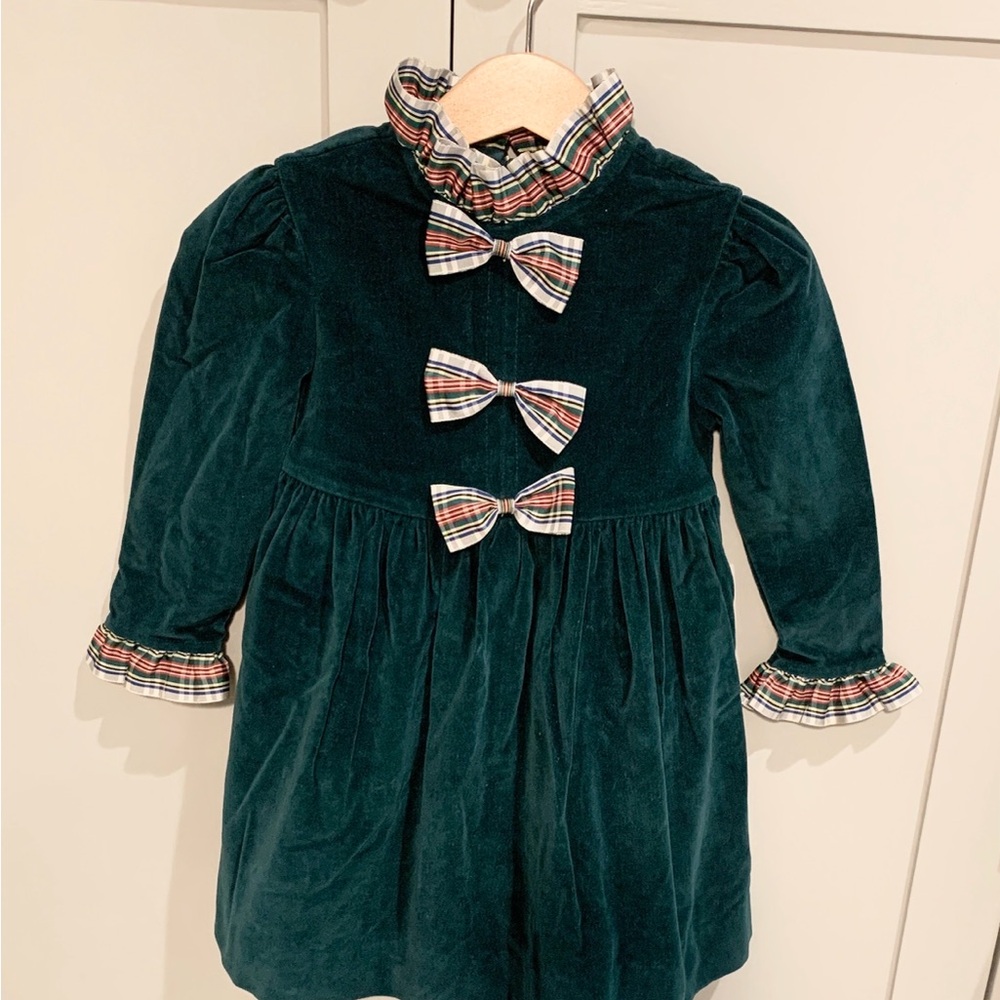 Vintage Green Velvet Cotton Plaid  2T Dress with ruffled collar and bows